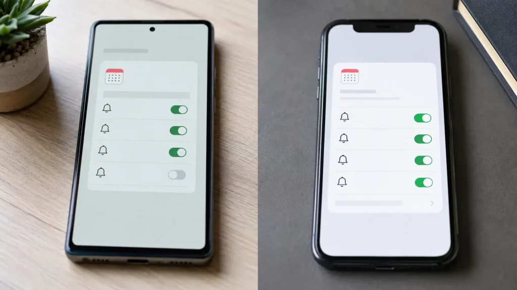 Pessoa verificando permissões de notificação do aplicativo de calendário.