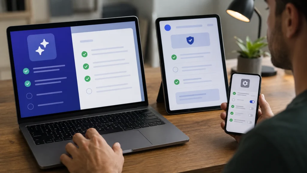 Pessoa compara a checklist gerada por IA com documentação oficial e configurações do celular antes de aceitar cada etapa.