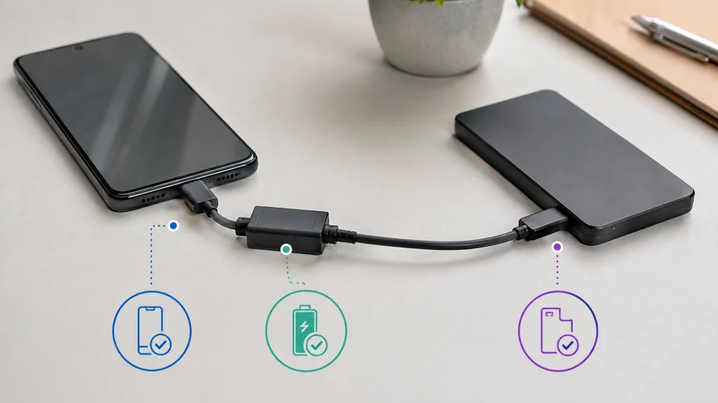 Celular, adaptador e armazenamento externo aparecem como uma cadeia que depende de compatibilidade e energia.