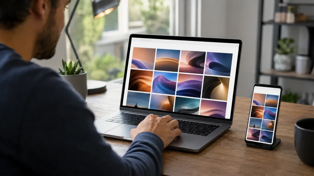 Pessoa compara fotos exibidas no celular e no computador para confirmar que a cópia está disponível na nuvem. backup de fotos no OneDrive