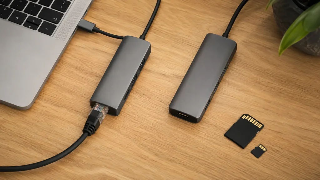 Hubs com Ethernet e cartões de memória. 