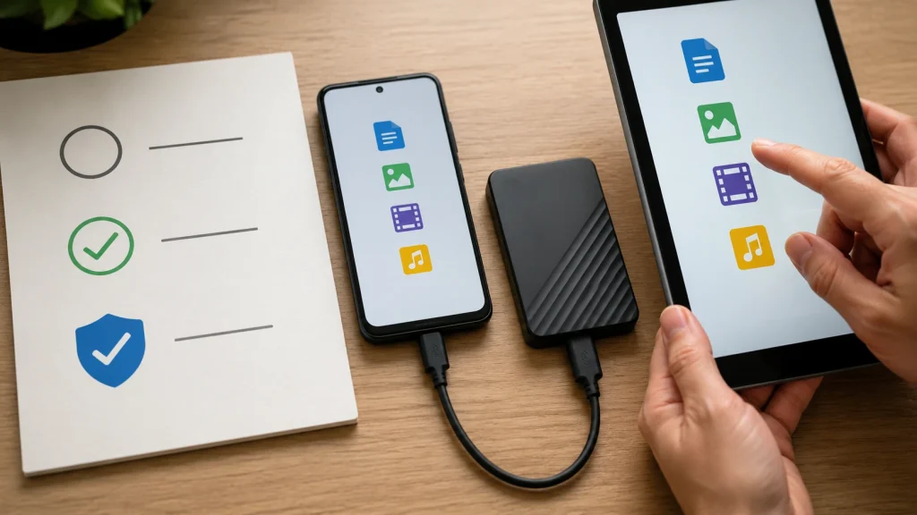 Checklist visual diferencia tarefas pendentes, executadas e verificadas enquanto o usuário confere arquivos no destino. IA para criar um checklist de backup