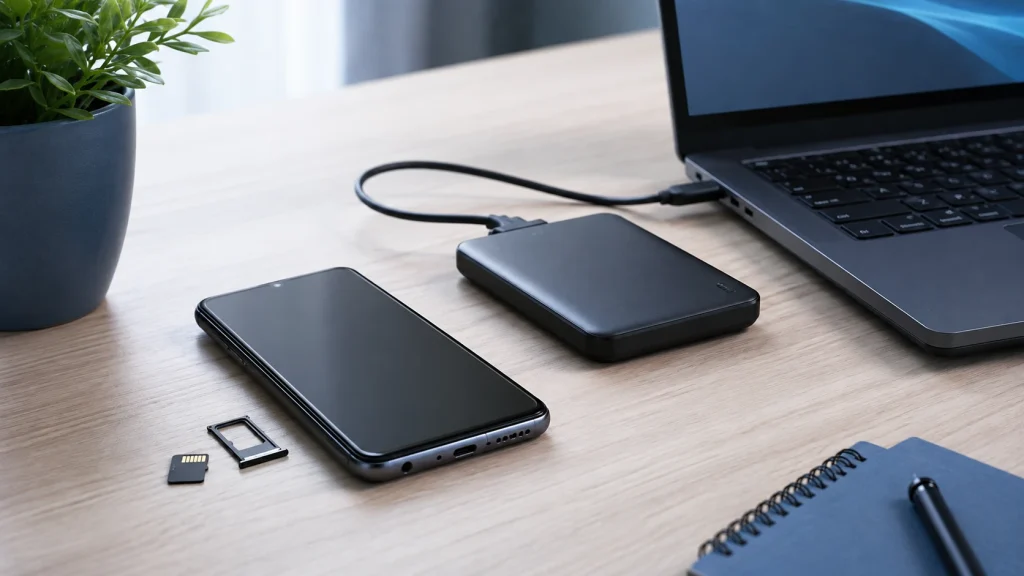Celular com microSD aparece junto a computador e unidade externa, representando cópias separadas. Cartão microSD para celular.