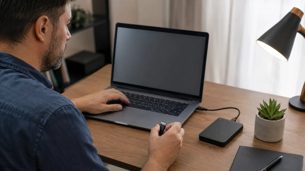 Pessoa testa o pendrive em um computador e cria outra cópia antes de considerar a formatação. celular não reconhece pendrive. 