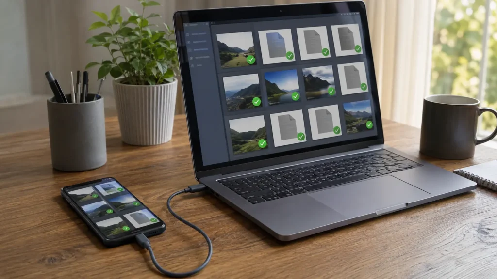 Pessoa abre no notebook arquivos copiados do celular e mantém o aparelho original intacto ao lado de uma unidade externa.