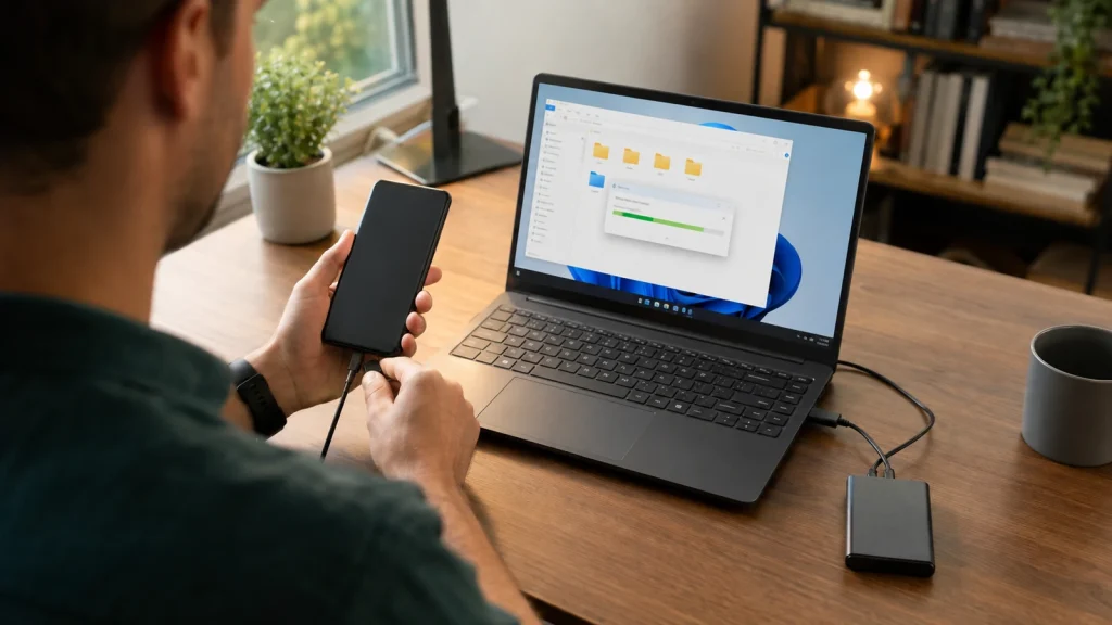 Pessoa testa a cópia de uma pasta duplicada entre celular e notebook antes de usar o cabo em arquivos únicos. cabo USB-C para transferência de dados
