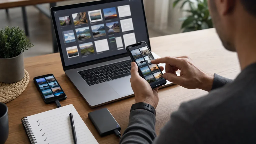Pessoa abre amostras de fotos, arquivos e contatos no aparelho novo enquanto mantém o celular antigo disponível para conferência. como fazer backup do celular