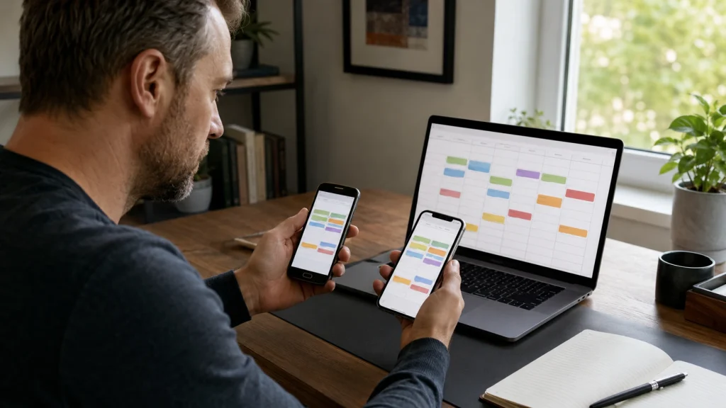 Compromissos futuros aparecem no celular antigo, no novo aparelho e no calendário aberto no computador. : backup de contatos antes de trocar de celular
