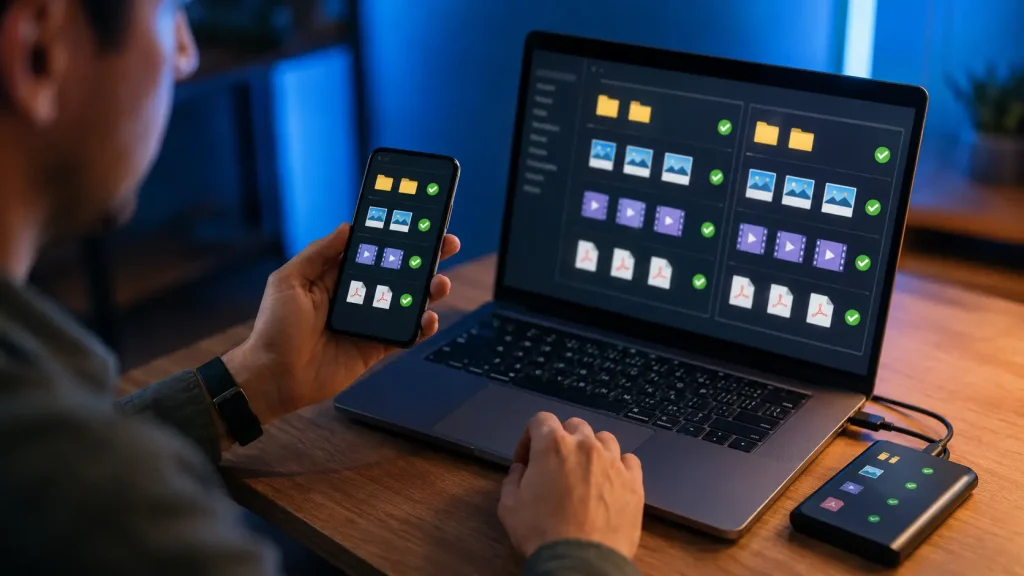 Pessoa compara arquivos do celular com cópias no notebook e no SSD e abre itens de amostra antes de excluir.