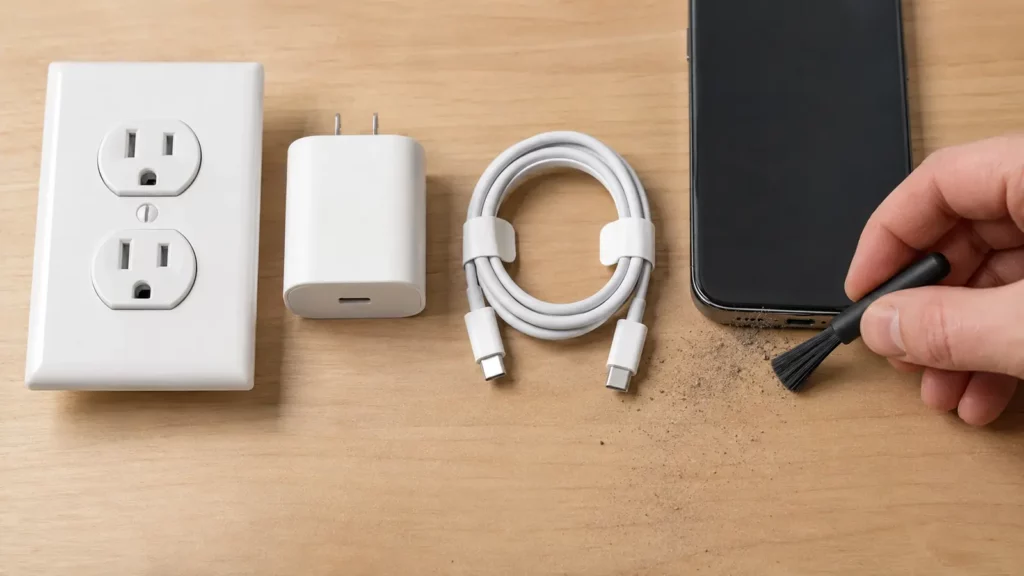 Fonte, cabo, porta USB-C e tomada são verificados externamente.