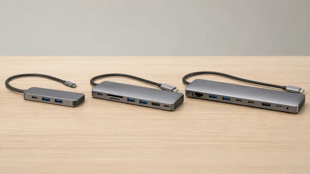 Três hubs USB-C com conjuntos diferentes de portas. como escolher hub USB-C.