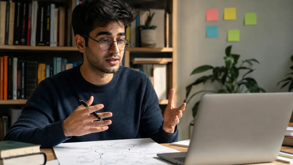 Pessoa explicando um conceito enquanto recebe feedback da IA.