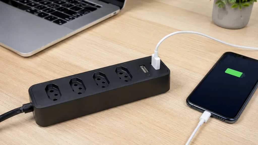 Protetor eletrônico genérico com tomadas e portas USB carrega um celular.