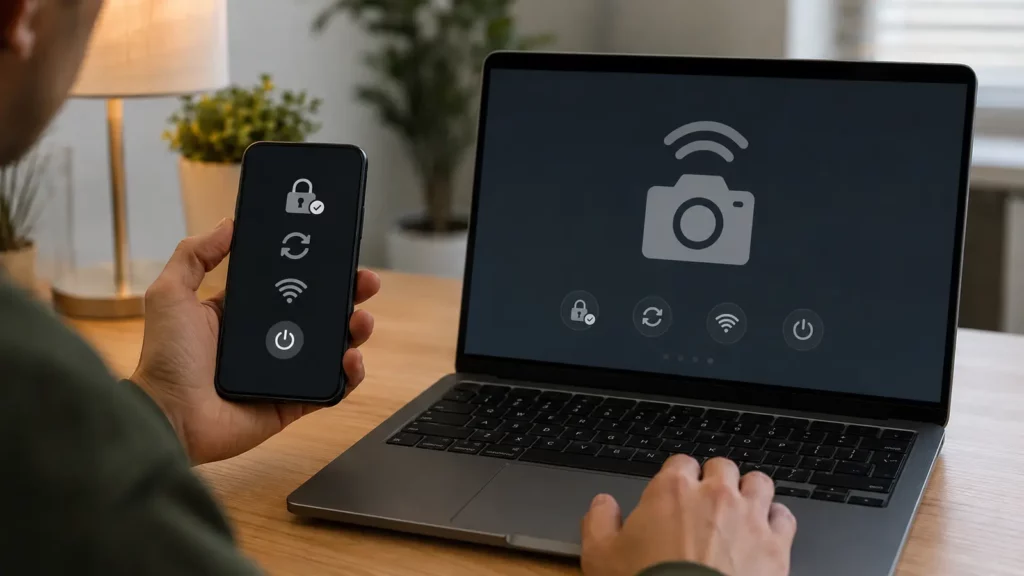 Usuário verifica permissões, atualizações e Wi-Fi entre celular e notebook.