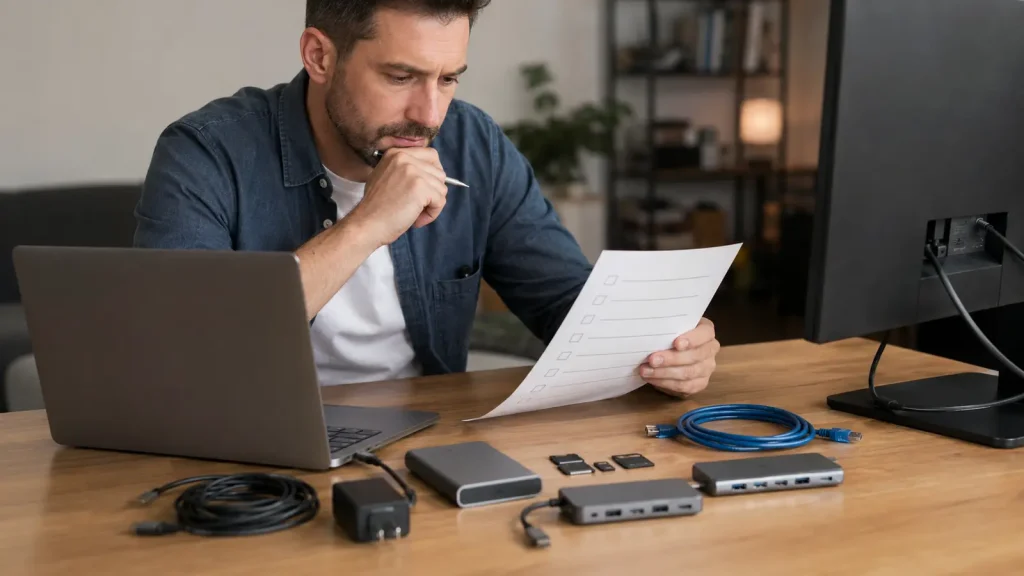 como escolher hub USB-C. Pessoa conferindo notebook, carregador e periféricos antes de comprar hub. 