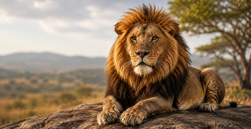 Leão em ambiente natural representando a seção Animais e Natureza