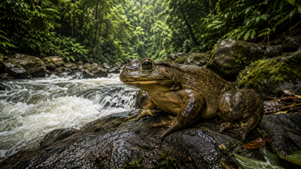 8 animais curiosos do mundo. Sapo-golias sobre uma pedra molhada ao lado de um rio cercado pela floresta tropical.