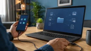 Pessoa conecta um celular Galaxy a um notebook por cabo USB para iniciar uma cópia local no computador.