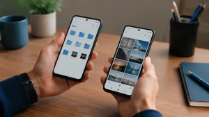 Pessoa compara o gerenciador de arquivos e a galeria para localizar fotos transferidas que não aparecem na grade.