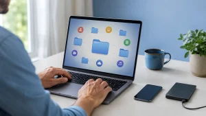 Pessoa confere no notebook uma exportação de dados da Conta Google antes de guardá-la em outro dispositivo.