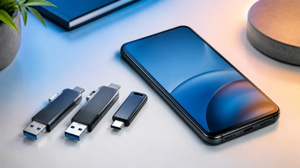 Celular Android aparece ao lado de três formatos de pendrive USB-C, incluindo opções com USB-A e conector único.