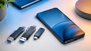 Celular Android aparece ao lado de três formatos de pendrive USB-C, incluindo opções com USB-A e conector único.