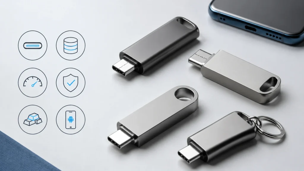 Pendrives USB-C aparecem com ícones que representam conector, capacidade, velocidade, construção, garantia e compatibilidade.