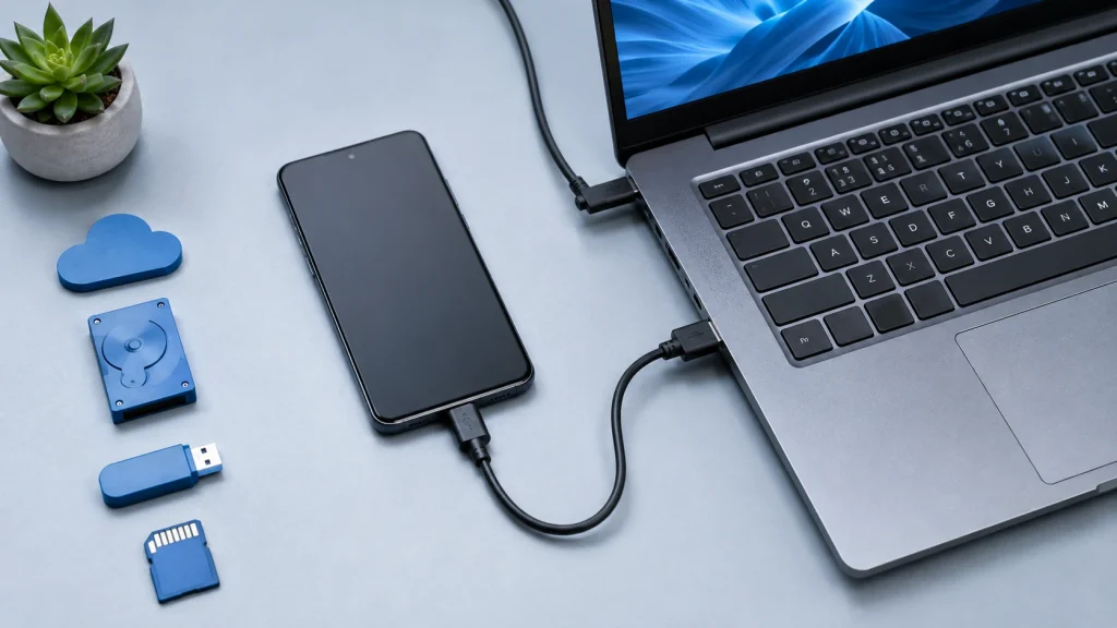 Celular, notebook ligado à energia e cabo de dados preparados antes do backup pelo Smart Switch.