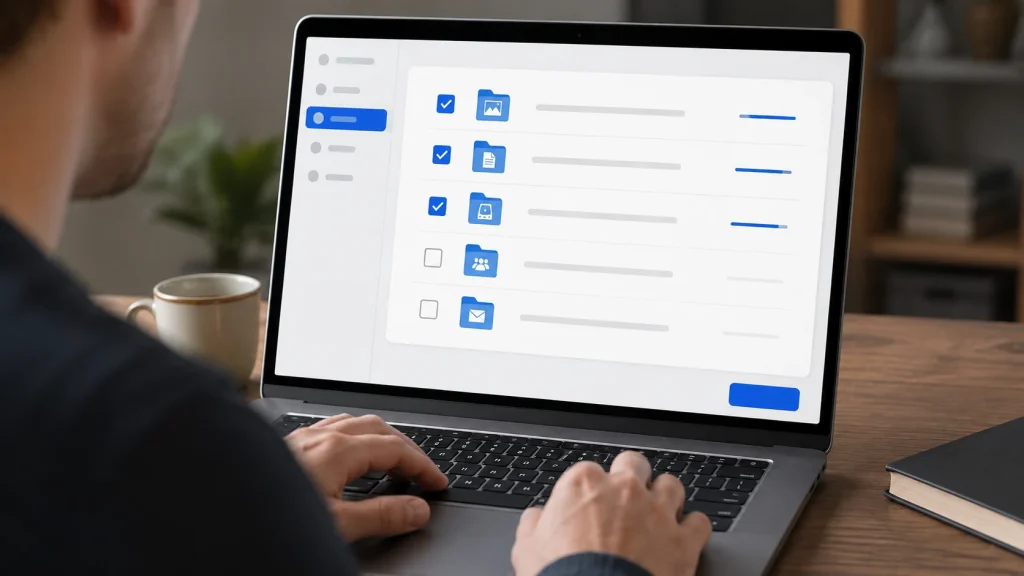 Interface genérica mostra categorias de fotos, documentos e e-mail sendo selecionadas para uma exportação.