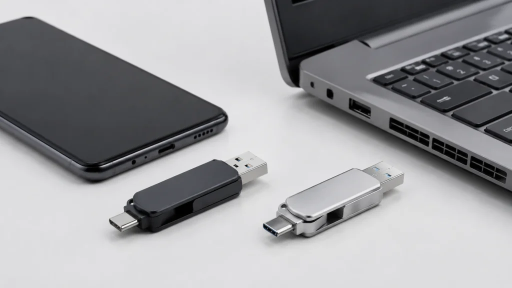 Dois pendrives com USB-C e USB-A conectam um celular atual a um notebook com porta tradicional.
