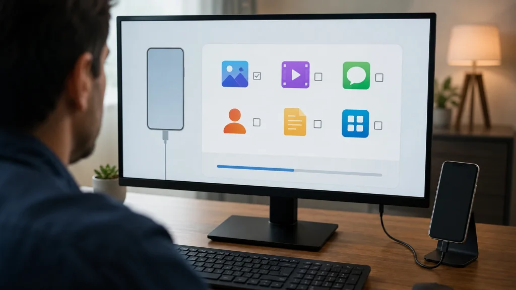 Interface genérica de backup apresenta categorias como fotos, vídeos, mensagens, contatos e documentos para seleção.