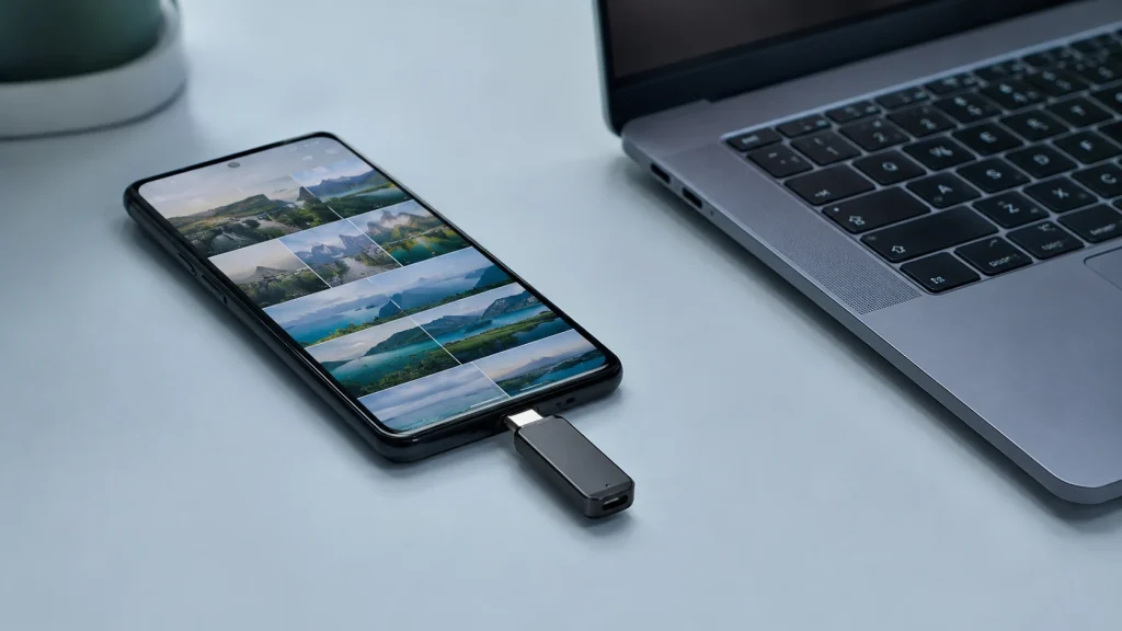 Pendrive compacto com um único conector USB-C é usado no celular e em notebook moderno.