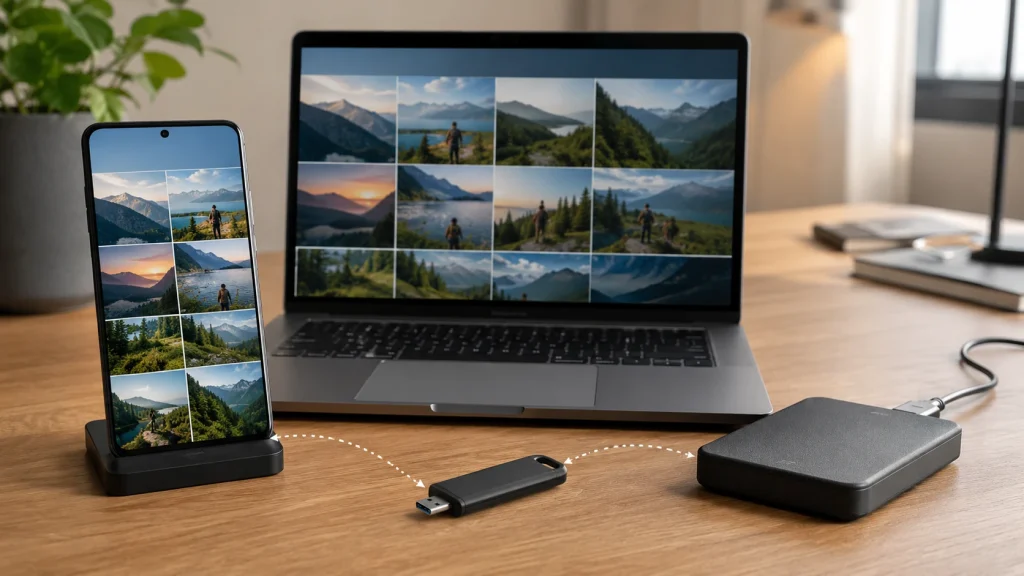 Celular, pendrive USB-C, notebook e unidade externa representam cópias do mesmo conjunto de fotos em locais separados. pendrive USB-C para celular