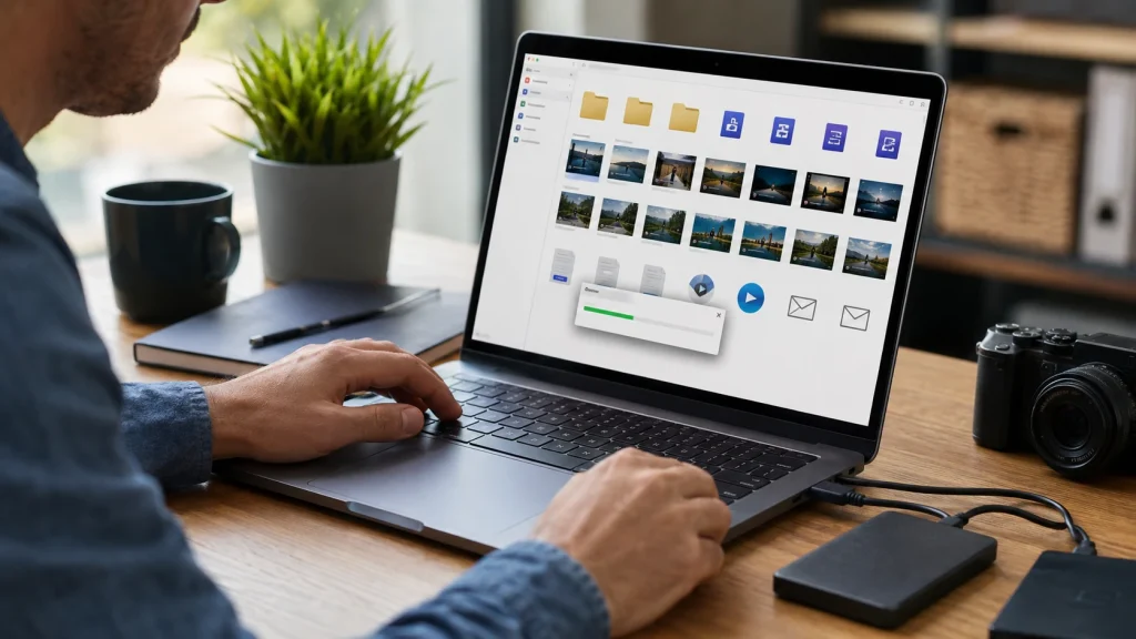 Google Takeout. Pessoa abre amostras de fotos, vídeos e documentos extraídos antes de copiar a pasta validada para outro armazenamento.