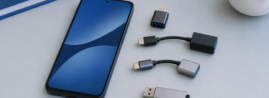 Celular Android e diferentes formatos de adaptador USB-C OTG organizados para comparação de compra.