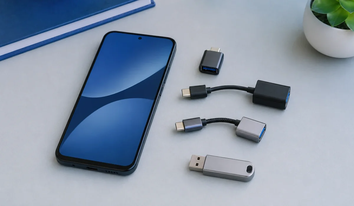 Celular Android e diferentes formatos de adaptador USB-C OTG organizados para comparação de compra.