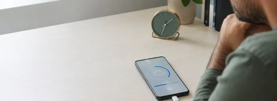 Pessoa verifica no celular um backup aparentemente parado enquanto mantém notebook e roteador disponíveis para o diagnóstico.