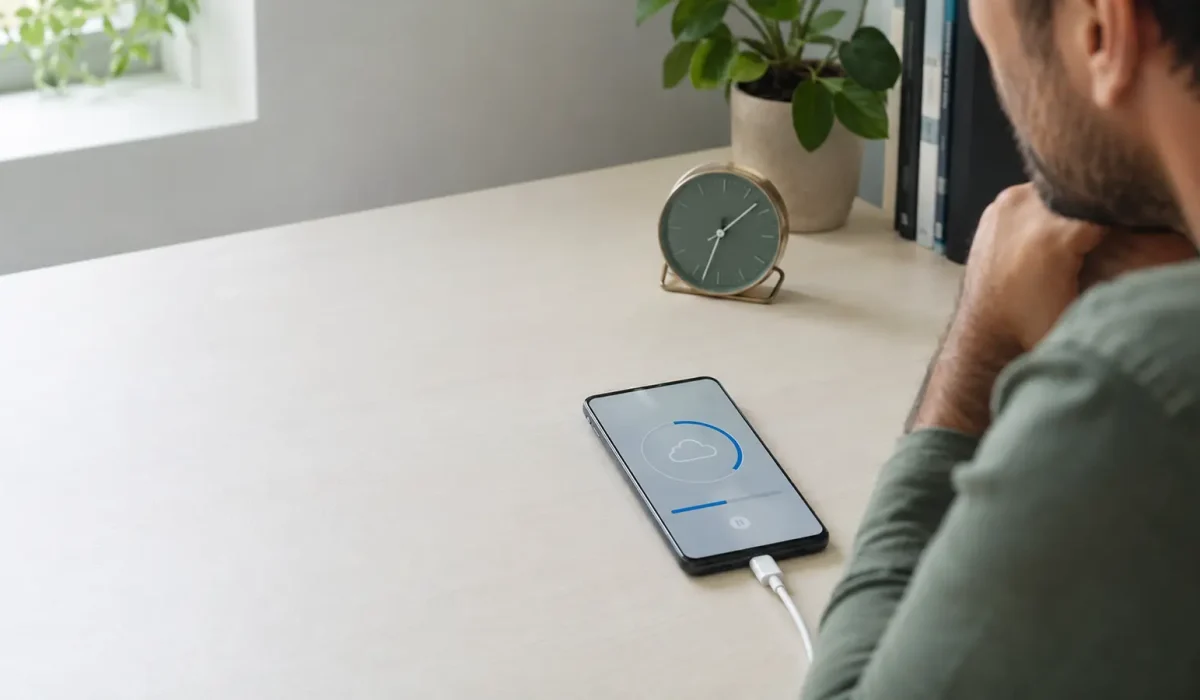 Pessoa verifica no celular um backup aparentemente parado enquanto mantém notebook e roteador disponíveis para o diagnóstico.