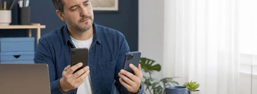 Pessoa organiza um celular antigo, um aparelho novo, um notebook e uma unidade externa antes de iniciar o backup e a transferência dos dados.