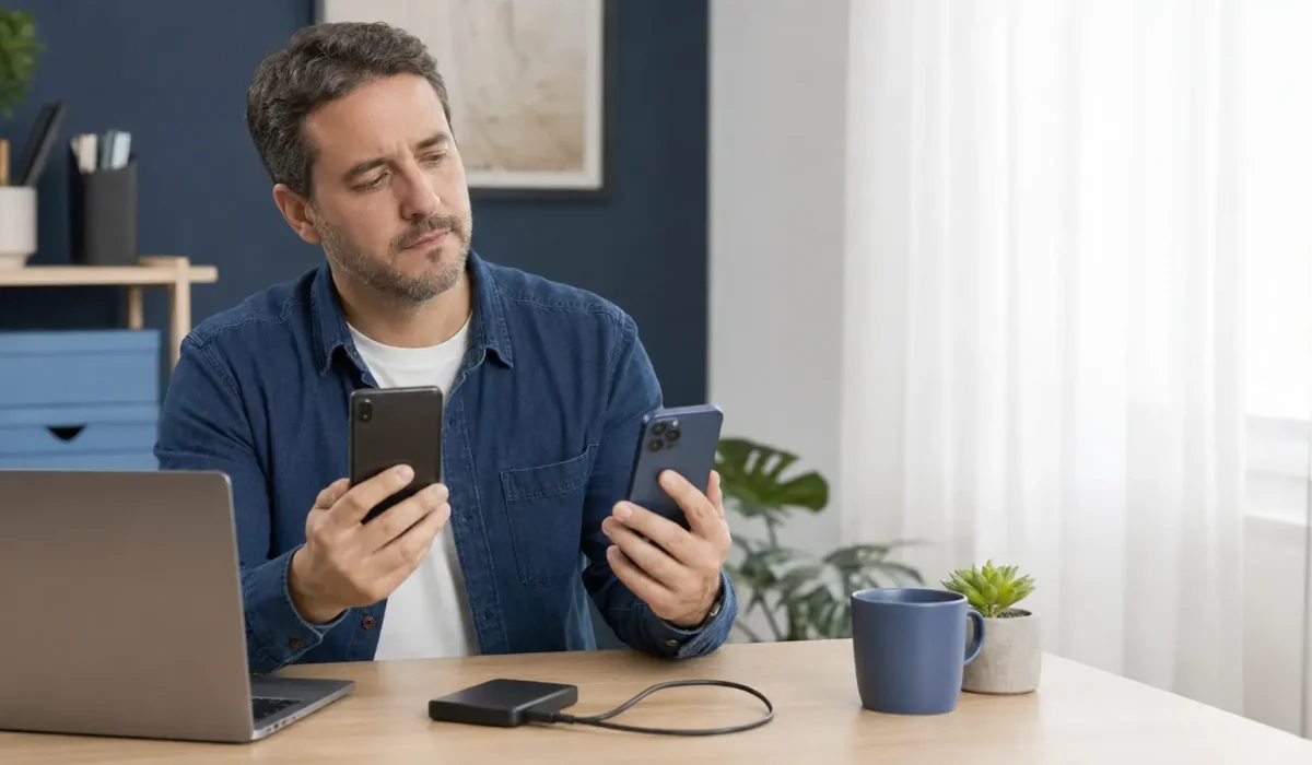 Pessoa organiza um celular antigo, um aparelho novo, um notebook e uma unidade externa antes de iniciar o backup e a transferência dos dados.