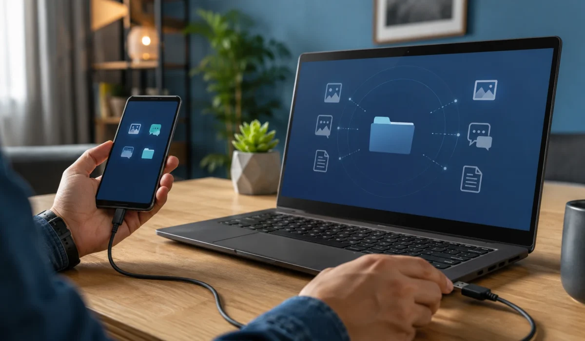 Pessoa conecta um celular Galaxy a um notebook por cabo USB para iniciar uma cópia local no computador.