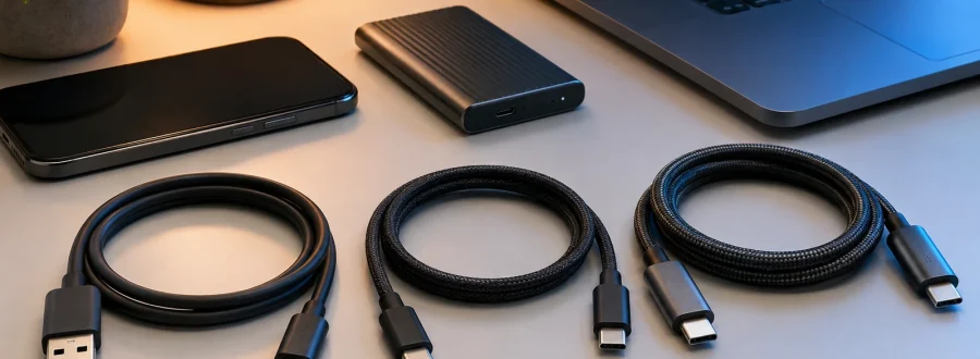 Três tipos de cabo USB ao lado de celular, notebook e SSD, representando opções para transferência de dados.