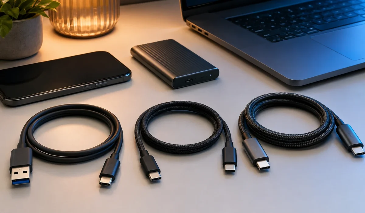 Três tipos de cabo USB ao lado de celular, notebook e SSD, representando opções para transferência de dados.