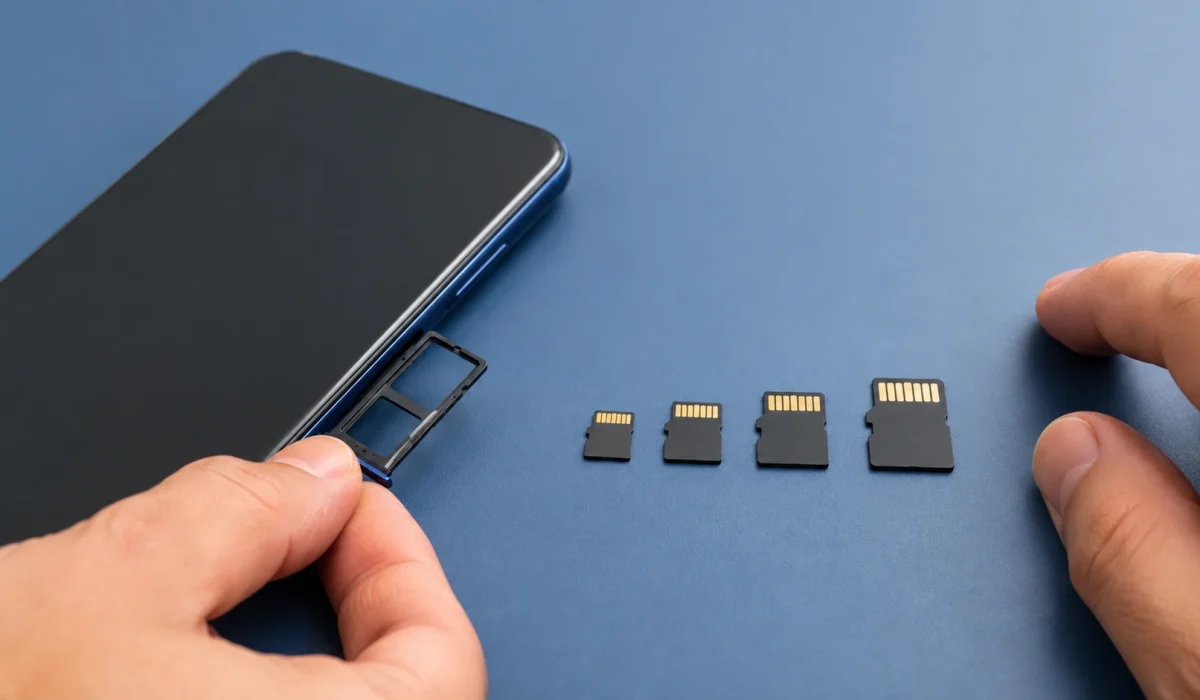 Celular Android com bandeja de cartão aberta e quatro cartões microSD organizados para comparação.