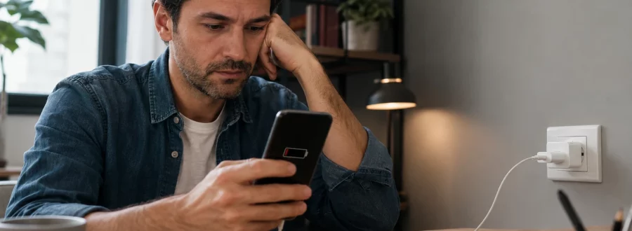 Pessoa verificando um celular que carrega lentamente ao lado de cabo e carregador sobre uma mesa.