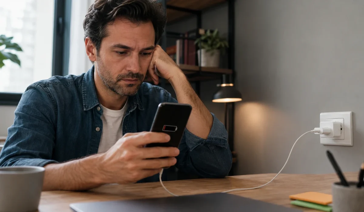 Pessoa verificando um celular que carrega lentamente ao lado de cabo e carregador sobre uma mesa.