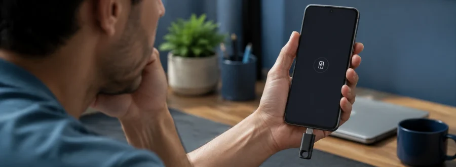Celular, porta USB-C, adaptador OTG e pendrive aparecem separados para mostrar os pontos possíveis de falha. celular não reconhece pendrive