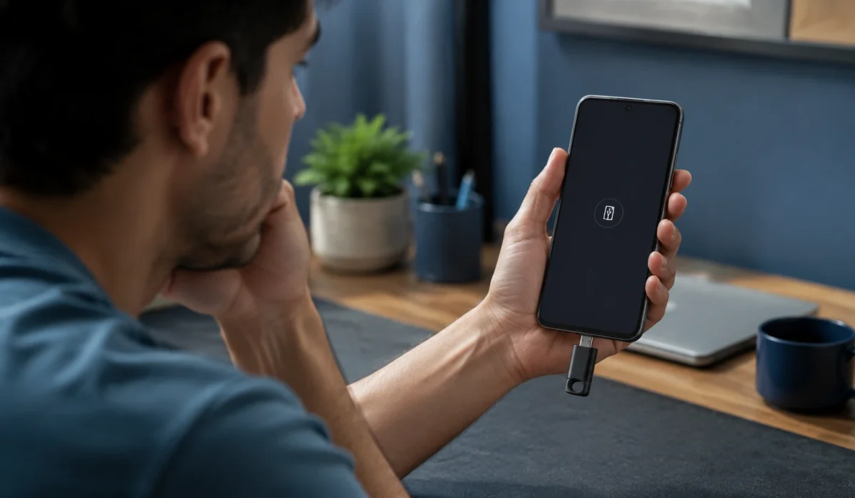 Celular, porta USB-C, adaptador OTG e pendrive aparecem separados para mostrar os pontos possíveis de falha. celular não reconhece pendrive