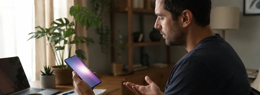 Pessoa preocupada observando um celular que reinicia sozinho.