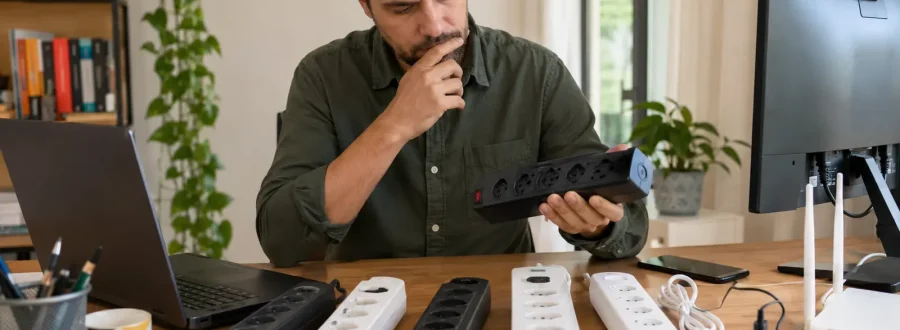 Pessoa compara filtros de linha para eletrônicos em uma mesa.